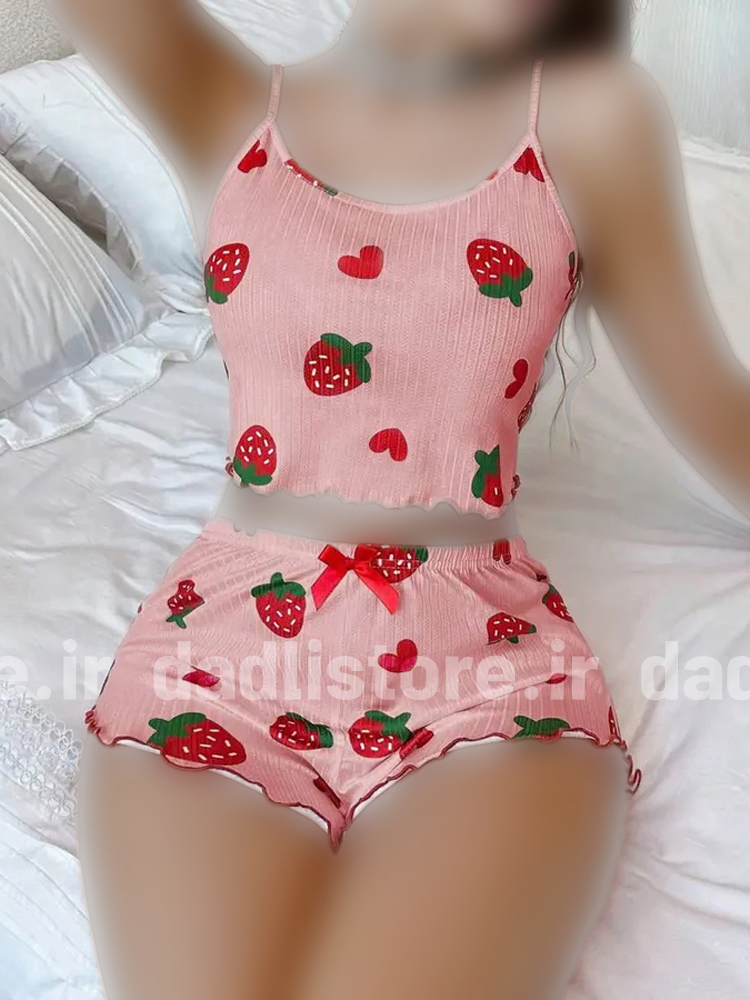 ست لباس خواب تاپ و شورتک کبریتی طرح توت فرنگی Rijan