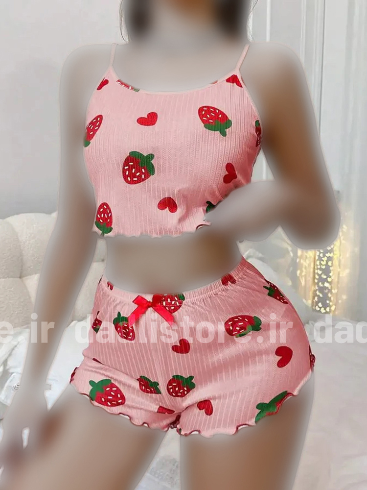 ست لباس خواب تاپ و شورتک کبریتی طرح توت فرنگی Rijan